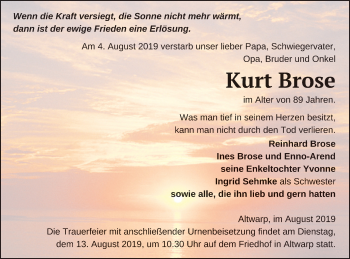 Traueranzeige von Kurt Brose von Haff-Zeitung