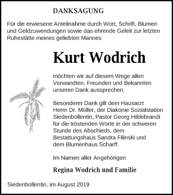 Traueranzeige von Kurt Wodrich von Neubrandenburger Zeitung