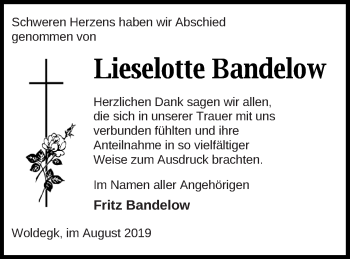 Traueranzeige von Lieselotte Bandelow von Strelitzer Zeitung