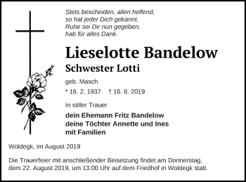 Traueranzeige von Lieselotte Bandelow von Strelitzer Zeitung