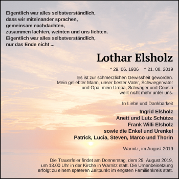 Traueranzeige von Lothar Elsholz von Prenzlauer Zeitung