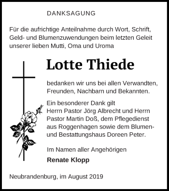 Traueranzeige von Lotte Thiede von Neubrandenburger Zeitung