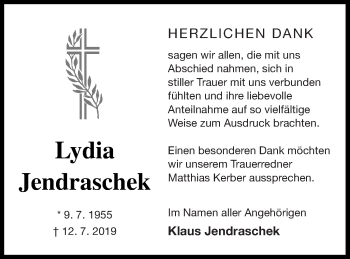 Traueranzeige von Lydia Jendraschek von Demminer Zeitung