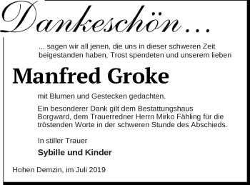 Traueranzeige von Manfred Groke von Mecklenburger Schweiz