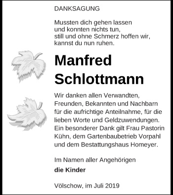 Traueranzeige von Manfred Schlottmann von Vorpommern Kurier