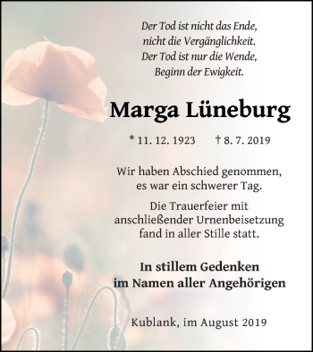 Traueranzeige von Marga Lüneburg von Strelitzer Zeitung