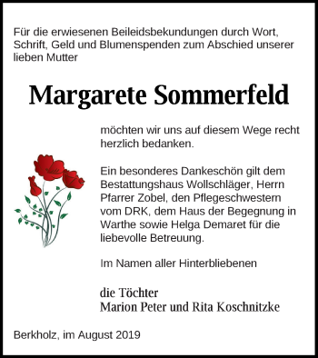 Traueranzeige von Margarete Sommerfeld von Prenzlauer Zeitung