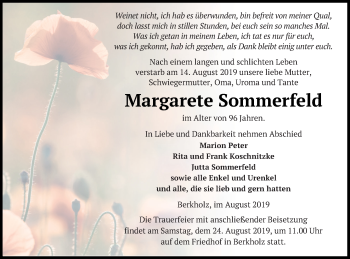 Traueranzeige von Margarete Sommerfeld von Prenzlauer Zeitung