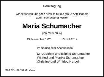 Traueranzeige von Maria Schumacher von Mecklenburger Schweiz