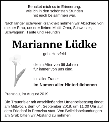 Traueranzeige von Marianne Lüdke von Prenzlauer Zeitung