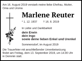 Traueranzeige von Marlene Reuter von Demminer Zeitung