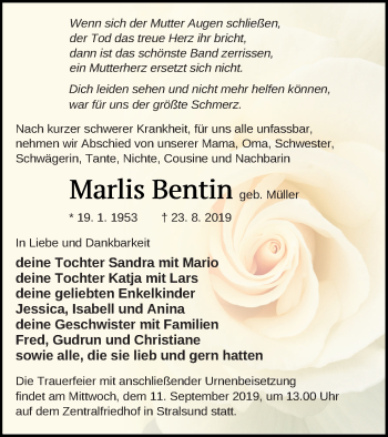 Traueranzeige von Marlis Bentin von Prenzlauer Zeitung