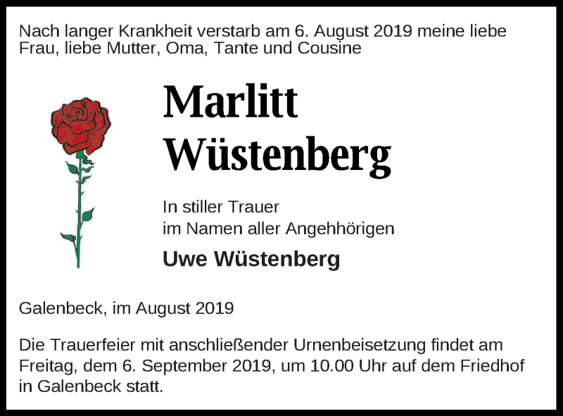  Traueranzeige für Marlitt Wüstenberg vom 27.08.2019 aus Mecklenburger Schweiz