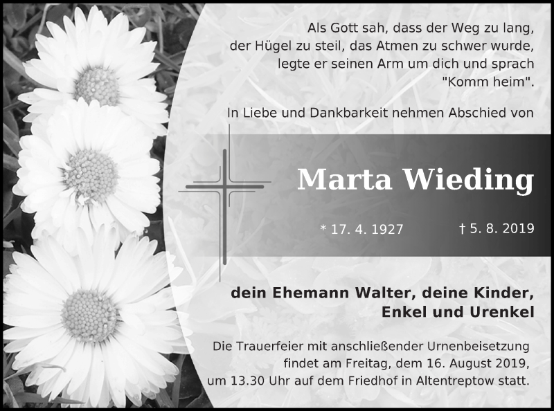  Traueranzeige für Marta Wieding vom 10.08.2019 aus Neubrandenburger Zeitung
