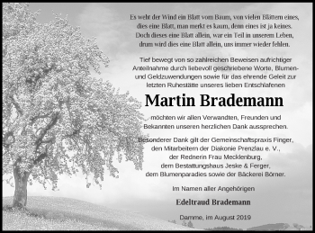 Traueranzeige von Martin Brademann von Prenzlauer Zeitung