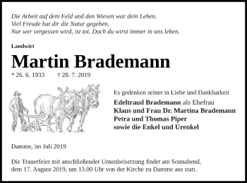 Traueranzeige von Martin Brademann von Prenzlauer Zeitung