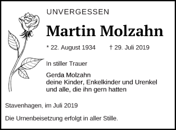 Traueranzeige von Martin Molzahn von Mecklenburger Schweiz