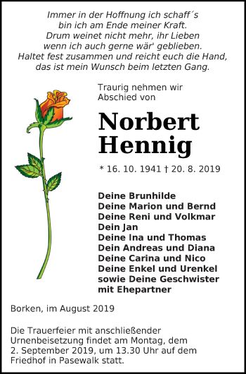 Traueranzeige von Norbert Hennig von Pasewalker Zeitung