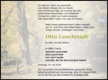 Traueranzeige von Otto Lauchstädt von Strelitzer Zeitung