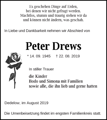 Traueranzeige von Peter Drews von Prenzlauer Zeitung