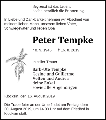 Traueranzeige von Peter Tempke von Müritz-Zeitung