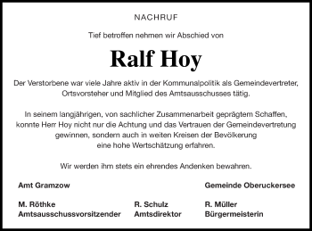 Traueranzeige von Ralf Hoy von Prenzlauer Zeitung