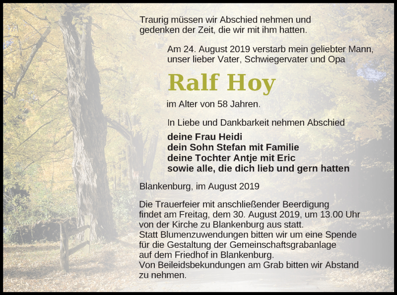  Traueranzeige für Ralf Hoy vom 28.08.2019 aus Prenzlauer Zeitung