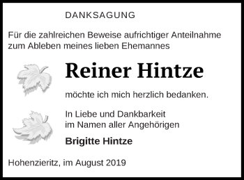 Traueranzeige von Reiner Hintze von Strelitzer Zeitung