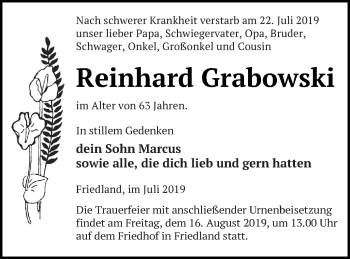 Traueranzeige von Reinhard Grabowski von Neubrandenburger Zeitung