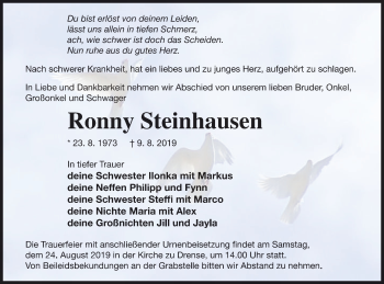 Traueranzeige von Ronny Steinhausen von Prenzlauer Zeitung