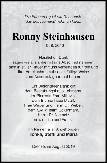 Traueranzeige von Ronny Steinhausen von Prenzlauer Zeitung