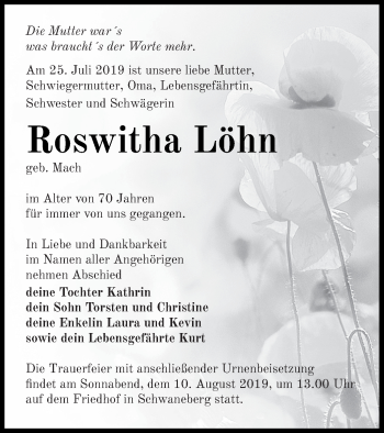 Traueranzeige von Roswitha Löhn von Prenzlauer Zeitung