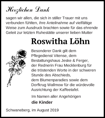 Traueranzeige von Roswitha Löhn von Prenzlauer Zeitung