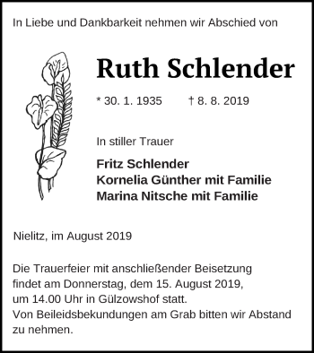 Traueranzeige von Ruth Schlender von Vorpommern Kurier