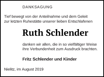 Traueranzeige von Ruth Schlender von Vorpommern Kurier