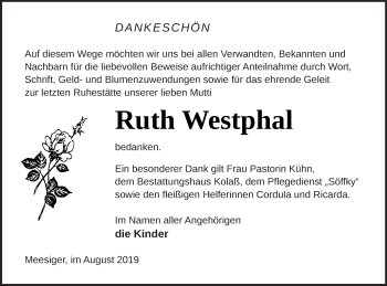 Traueranzeige von Ruth Westphal von Demminer Zeitung