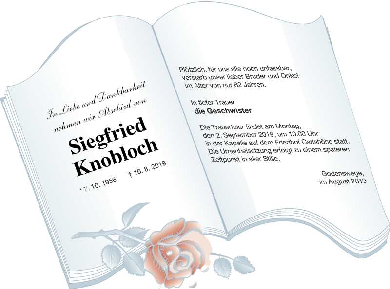  Traueranzeige für Siegfried Knobloch vom 22.08.2019 aus Neubrandenburger Zeitung