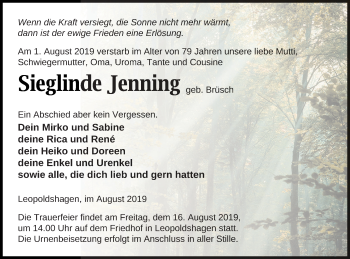 Traueranzeige von Sieglinde Jenning von Haff-Zeitung