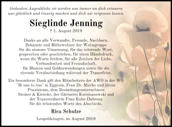 Traueranzeige von Sieglinde Jenning von Haff-Zeitung