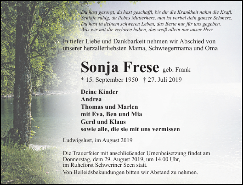  Traueranzeige für Sonja Frese vom 17.08.2019 aus Ludwigsluster Tageblatt