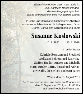 Traueranzeige von Susanne Koslowski von Müritz-Zeitung