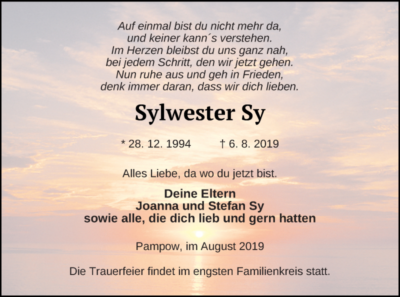  Traueranzeige für Sylwester Sy vom 17.08.2019 aus Pasewalker Zeitung