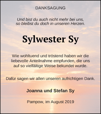 Traueranzeige von Sylwester Sy von Pasewalker Zeitung