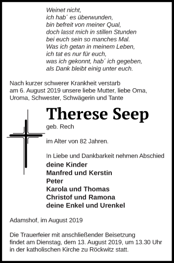 Traueranzeige von Therese Seep von Neubrandenburger Zeitung