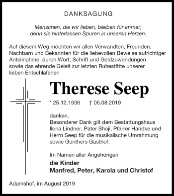 Traueranzeige von Therese Seep von Mecklenburger Schweiz