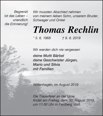 Traueranzeige von Thomas Rechlin von Strelitzer Zeitung