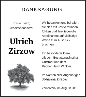 Traueranzeige von Ulrich Zirzow von Pasewalker Zeitung