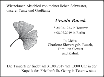 Traueranzeige von Ursula Bueck von Mecklenburger Schweiz