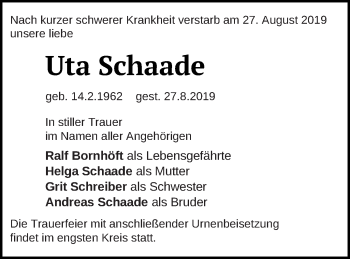 Traueranzeige von Uta Schaade von Müritz-Zeitung