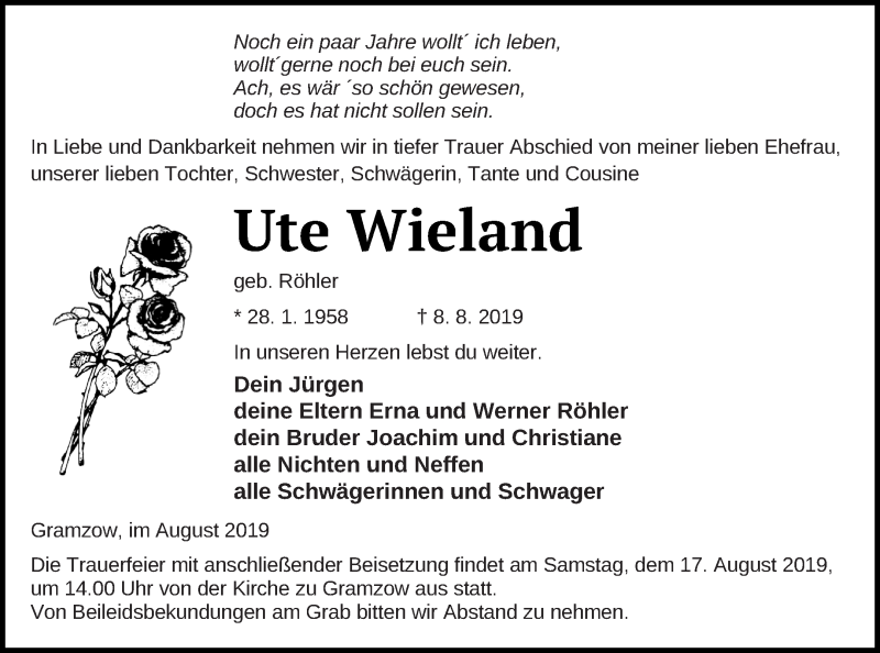  Traueranzeige für Ute Wieland vom 14.08.2019 aus Prenzlauer Zeitung